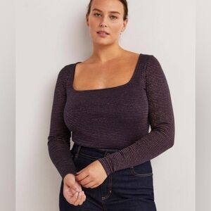 Boden Blue & Copper Metallic Stripes Scoop Square Neck Long Sleeve Top